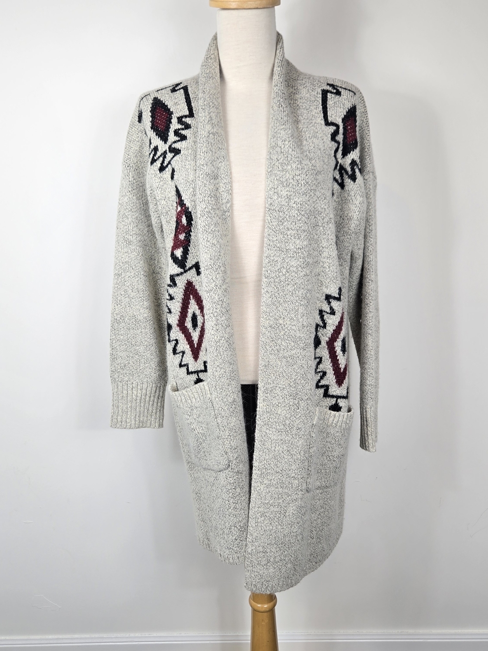 Dreamers Gray Aztec Southwestern Long Cardigan S Boho Western Duster Sweater
